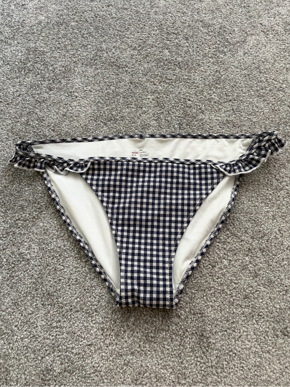 aerie Navy and White Gingham Bikini Bottom with Ruffle Trim